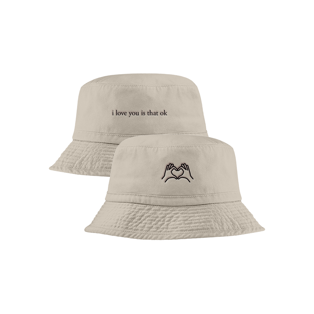 Beige bucket hat with "i love you is that ok" text on one side and design of two hands outlines making a heart.