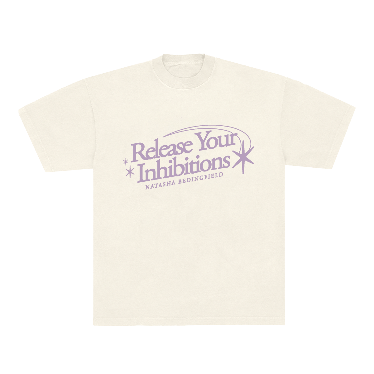Beige t-shirt with purple text 'Release Your Inhibitions'